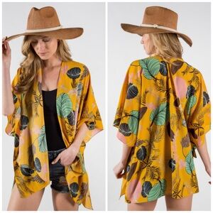 Do Everything in Love Mustard Tropical Leaf Kimono Boho Cover Up One Size
